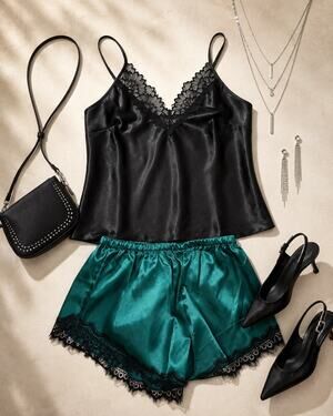 QUINCE Luxe Black & Emerald Green Nwt Satin Lace Lounge outfit M gift set